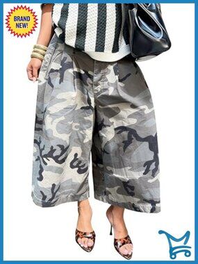 Women's Camo Cargo Capris High Waist Wide Leg Army Fatigue Pants